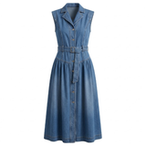 Suit collar sleeveless denim vest skirt / French workwear style denim maxi dress / pleated full skirt hides too much flesh Shallow water wash denim dress / Sleek commuting Front-buttoned vest-style denim mid-length dress