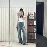 Fireworks, rhinestones, wide-leg jeans / Retro gradient water wash with its own stars Niche atmosphere! Shimmering diamond fireworks embroidery straight-leg jeans Vintage distressed spray white denim