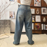 Fireworks, rhinestones, wide-leg jeans / Retro gradient water wash with its own stars Niche atmosphere! Shimmering diamond fireworks embroidery straight-leg jeans Vintage distressed spray white denim