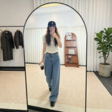 No odor full diamond silk denim straight-leg wide-leg pants