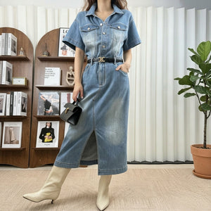 No odor belt denim shirt dress / the slit design shows too much aura Water-washed gradient denim maxi dress