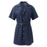 No odor, plain color, denim short skirt / belt waist, super proportion Simple commuting short-sleeve denim shirt dress