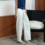Heavy industry hollow embroidery white straight-leg jeans