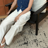 Heavy industry hollow embroidery white straight-leg jeans