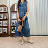 Suit collar sleeveless denim vest skirt / French workwear style denim maxi dress / pleated full skirt hides too much flesh Shallow water wash denim dress / Sleek commuting Front-buttoned vest-style denim mid-length dress
