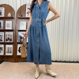 Suit collar sleeveless denim vest skirt / French workwear style denim maxi dress / pleated full skirt hides too much flesh Shallow water wash denim dress / Sleek commuting Front-buttoned vest-style denim mid-length dress