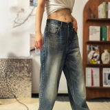 Fireworks, rhinestones, wide-leg jeans / Retro gradient water wash with its own stars Niche atmosphere! Shimmering diamond fireworks embroidery straight-leg jeans Vintage distressed spray white denim