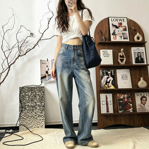 Fireworks, rhinestones, wide-leg jeans / Retro gradient water wash with its own stars Niche atmosphere! Shimmering diamond fireworks embroidery straight-leg jeans Vintage distressed spray white denim