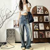 Fireworks, rhinestones, wide-leg jeans / Retro gradient water wash with its own stars Niche atmosphere! Shimmering diamond fireworks embroidery straight-leg jeans Vintage distressed spray white denim