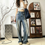 Fireworks, rhinestones, wide-leg jeans / Retro gradient water wash with its own stars Niche atmosphere! Shimmering diamond fireworks embroidery straight-leg jeans Vintage distressed spray white denim